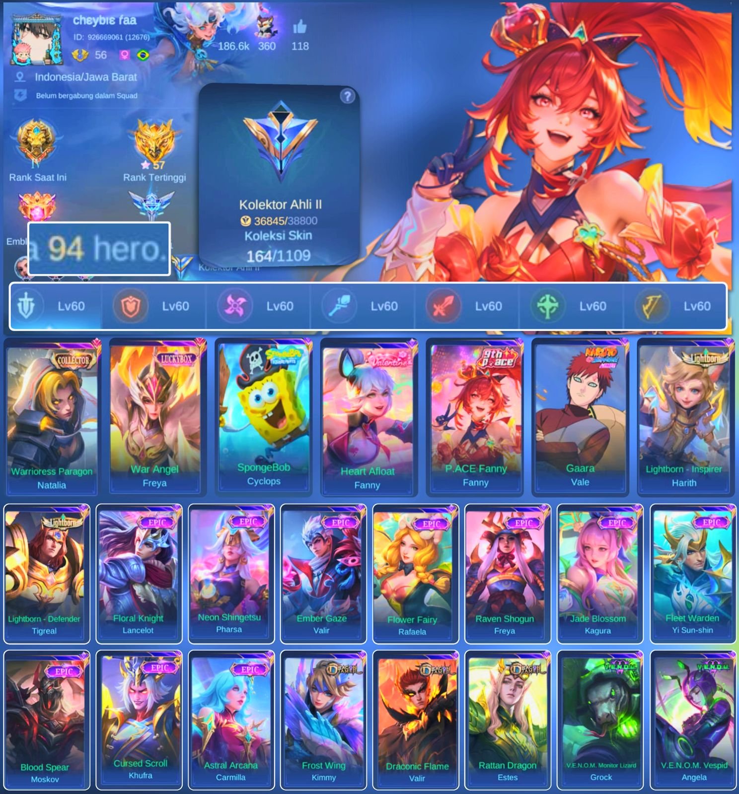 | EMBLEM GOOD | PACE FANNY| EPIC KHUFRA| HERO GOOD | SKIN GOOD |, Sale, Rank: Elite, Level: 56, Winrate: 1%, Heroes: 94, Skins: 164
