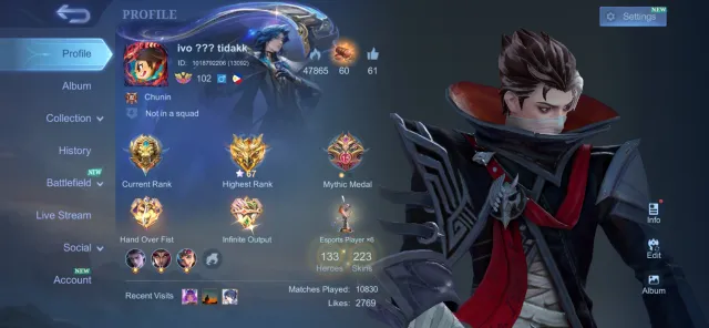 SAFE & CHEAP | EMBLEM MAX, LUCKYBOX CHOU,NATALIA COLLECTOR AND HAVE 26 EPIC SKIN, Sale, Rank: Legend, Level: 132, Winrate: 48%, Heroes: 133, Skins: 233