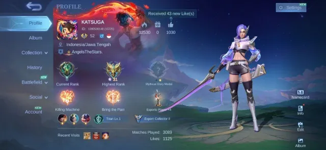 Collector Natalia✨Blazing Franco⚡Pace Fanny💎Epic Kagura🌟Gara Vale💫Valir✨Emblem Max, Продажа, Ранг: Эпик, Уровень: 52, Процент побед: 54%, Герои: 109, Облики: 173
