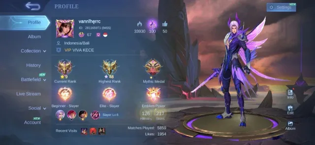 Collector🔥natalia⚡epic🌟freya💫kagura🔥roger⚡lancelot🌟lunox💫uranus🔥zilong⚡emblem🌟max, Продажа, Ранг: Мифический, Уровень: 67, Процент побед: 51%, Герои: 126, Облики: 217