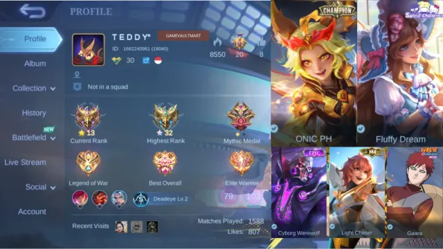 LVL 87 • 79 HERO • CHAMPION JOY / SANRIO FLORYN / COLLECTOR NATALIA / CYBORG ROGER, Sale, Rank: Grandmaster, Level: 60, Winrate: 58%, Heroes: 79, Skins: 103