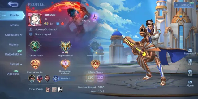 ✅ EMBLEM MAX 👊🏼 SAINT SEIYA BADANG ⚜️ MYTHIC CLINT ✨ 3 LIGHTBORN 💠 17 EPIC SKIN 📧 TAKE EMAIL, Продажа, Ранг: Эпик, Уровень: 54, Процент побед: 48%, Герои: 110, Облики: 182