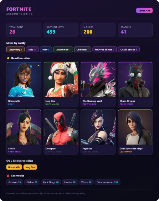 Fortnite OG Account | 26 Skins | Blizzabelle | Level 459 | 200 V-Bucks | PC, Sale, skins 26