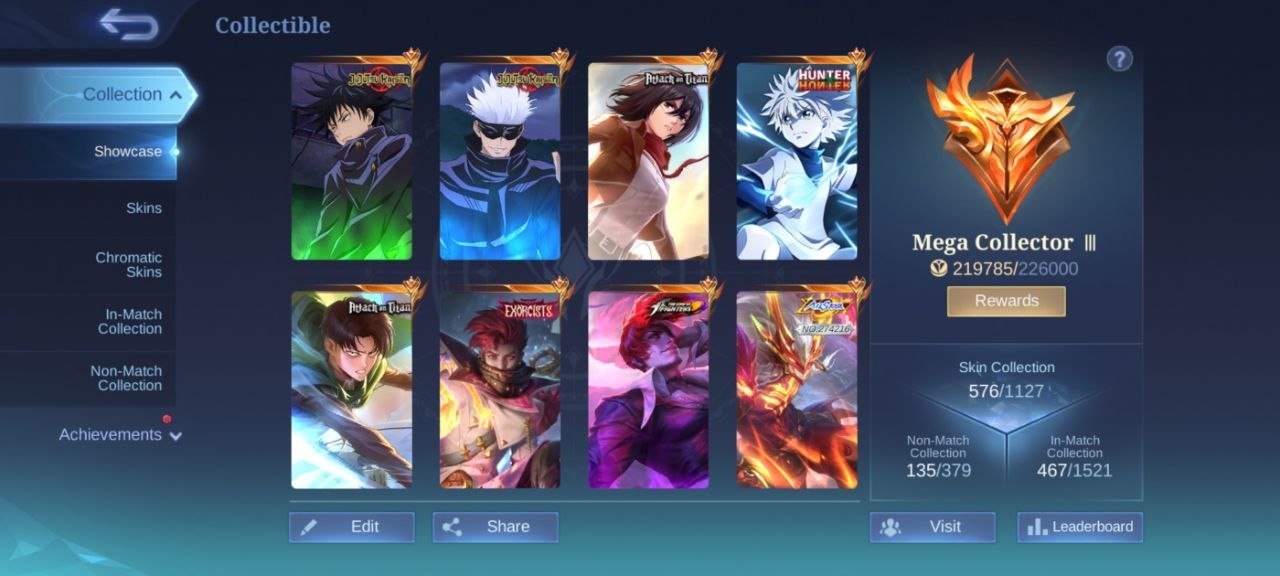 Mega collector⚡legend 2⚡JJK 2⚡KOF 4⚡HXH harith prime 3⚡Exosorst Granger⚡Mikasa funny Marti's aspirnt, Sale, Rank: Mythical Immortal, Level: 109, Winrate: 50%, Heroes: 133, Skins: 576