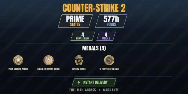 CS2 Prime✨577h🏆4 medals Medal for Service 2025, Loyalty Badge, 5 Year Veteran Coin, Global, Sale, With inventory, Has PRIME