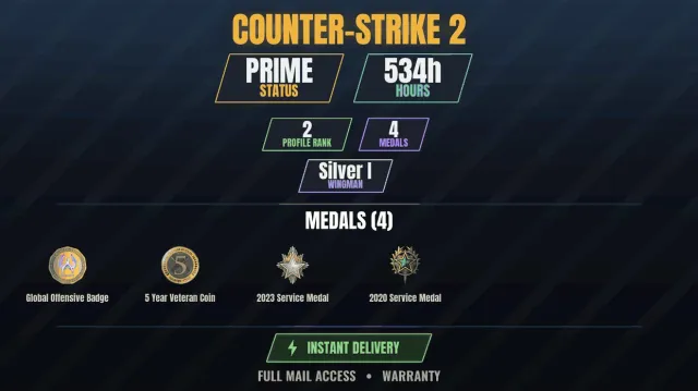 【CS2 Prime🎯534h👑4 medals】 Service Medal 2020, Service Medal 2023, 5-Year Veteran Coin, For Sale, With Inventory, Has PRIME