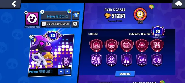 five second primes, 51251 trophies, 105 brawlers, 30 primes