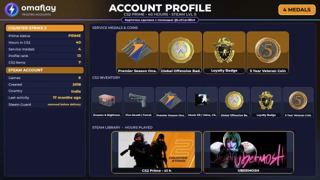 ⚡ CS2 PRIME ⚡ +4 RARE MEDALS: PREMIER S1 · GO • 2018 • +1 GAME • FULL ACCESS #3GRSI6, Sale, With inventory, Has PRIME