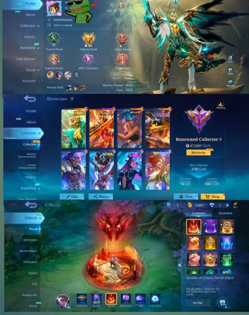 🎯 Granger Prime 🤖 Roger Transformer 💎 Pharsa Collector 🦠 Selena Virus 🎨 279 Skins, Продажа, Ранг: Мифический, Уровень: 66, Процент побед: 55%, Герои: 122, Облики: 279