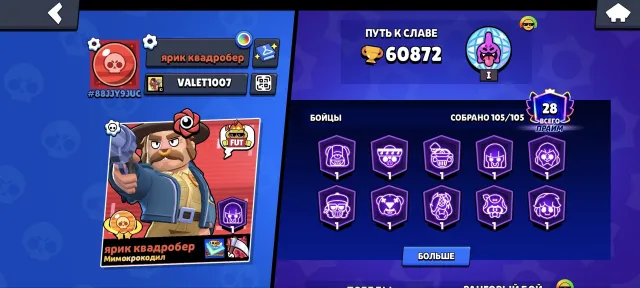 Selling account 60 thousand trophies 105 fighters 186 gems, 60000 trophies, 105 brawlers, 8 primes