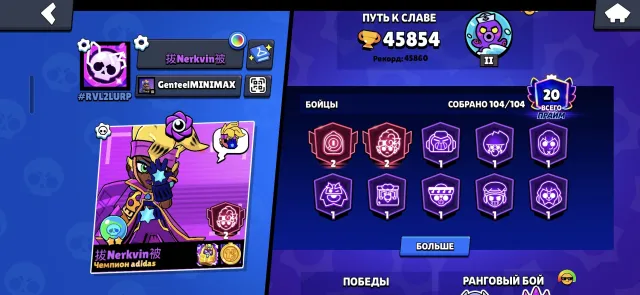 🏆 104/104 👑 | 31 fighters at lvl 11 ⚡️ | 45.8k cups 💥 | Paladin Volt skin and other rare skins🔥 |, trophies 45854, brawlers 104, primes 20