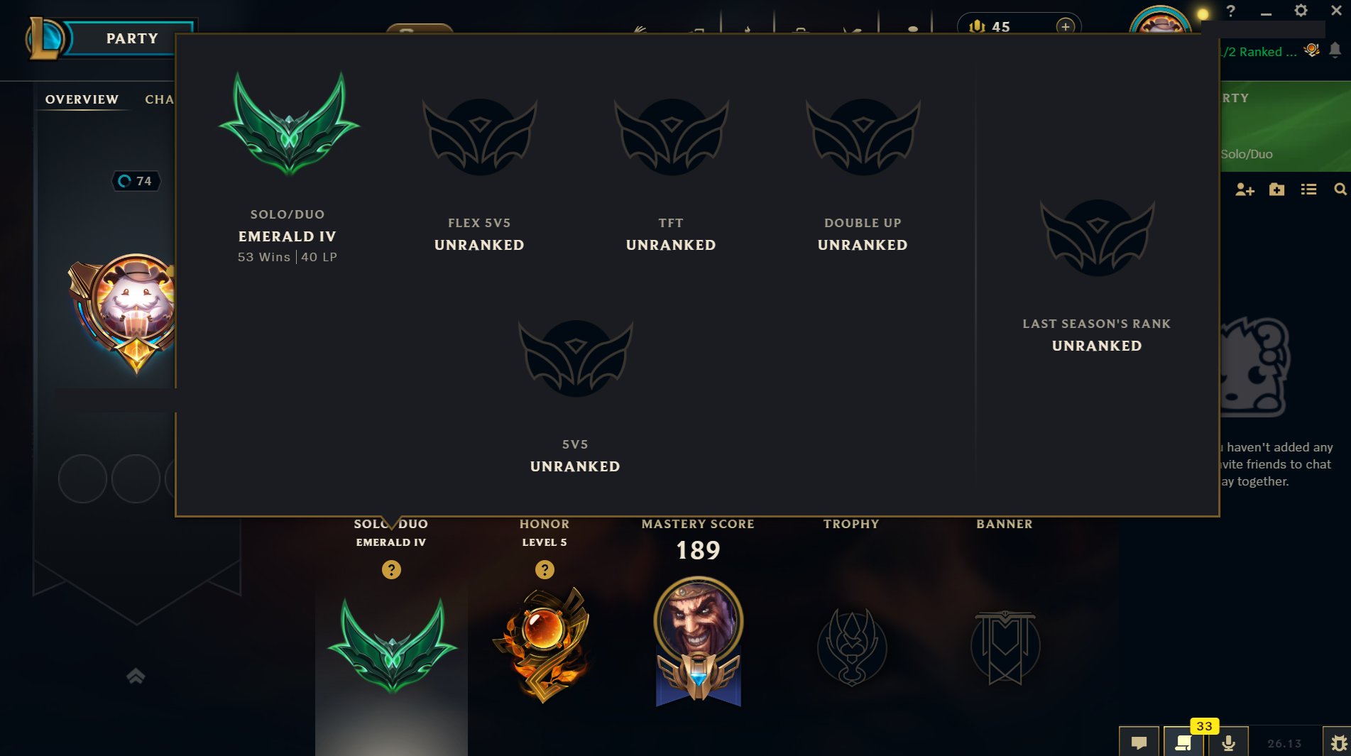 ❤️HANDLEVELED❤️SURPRISE PARTY FIDDLE❤️EMERALD 4❤️84% WR❤️15305 BE 45 RP❤️FULL DATA RECOVERY❤️, Sale, level 74, champions 75, skins 17, Emerald