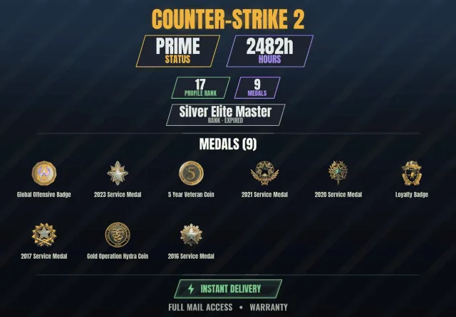 CS2 Prime👑2400h✨9 medals Gold coin of the Hydra operation, Service medal 2016, Service medal, Sale, With inventory, Has PRIME