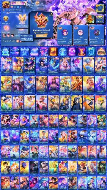 ⭐ World under ADC ⭐Hero - Bruno ⭐ Abus - Moscow ⭐ Kishin - Keri ⭐ Collector - Granger ⭐, Sale, Rank: Mythical Immortal, Level: 150, Win Rate: 53%, Heroes: 133, Skins: 755