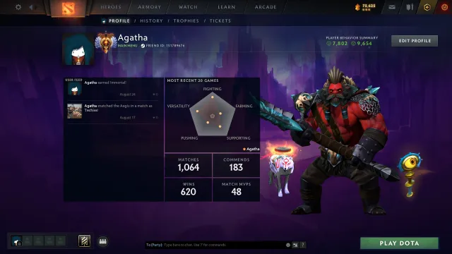 🎮 Титан 🎯 Мейнпул 🏆 43 Трофей 🕹️ Матчей: 1068 🎫 Жетонов: 11 🎁 Arcana Techies, Продажа, 6042 MMR, 9654 порядочности, 7802 вежливости, 1068 матчей, 2415 часов