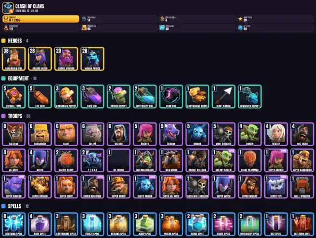 13 TH 🏆 1200+ trophies 🎮 5 BH 💠 112 hero levels 💎 96 troop levels, 13 TH Native Village