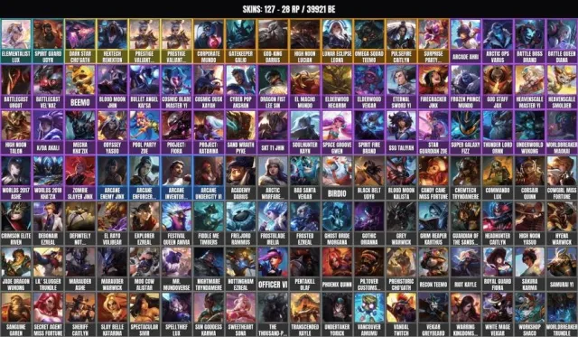 BRONZE IV👑127 skins👑182 champions 🏆 39.9K BE👑Prestige Blade Riven (prestigious) – 2022👑Elementalist, Sale, level 433, champions 182, skins 127, Bronze