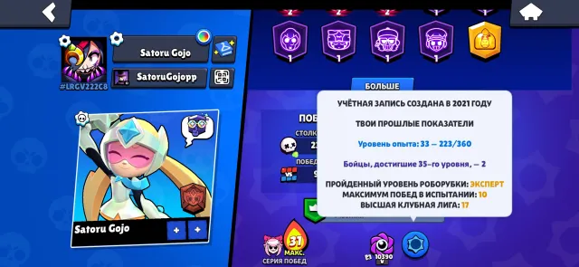almost 25k trophies, has 2x rank 35 and pin for it 18 11 power, 24949 trophies, 96 brawlers