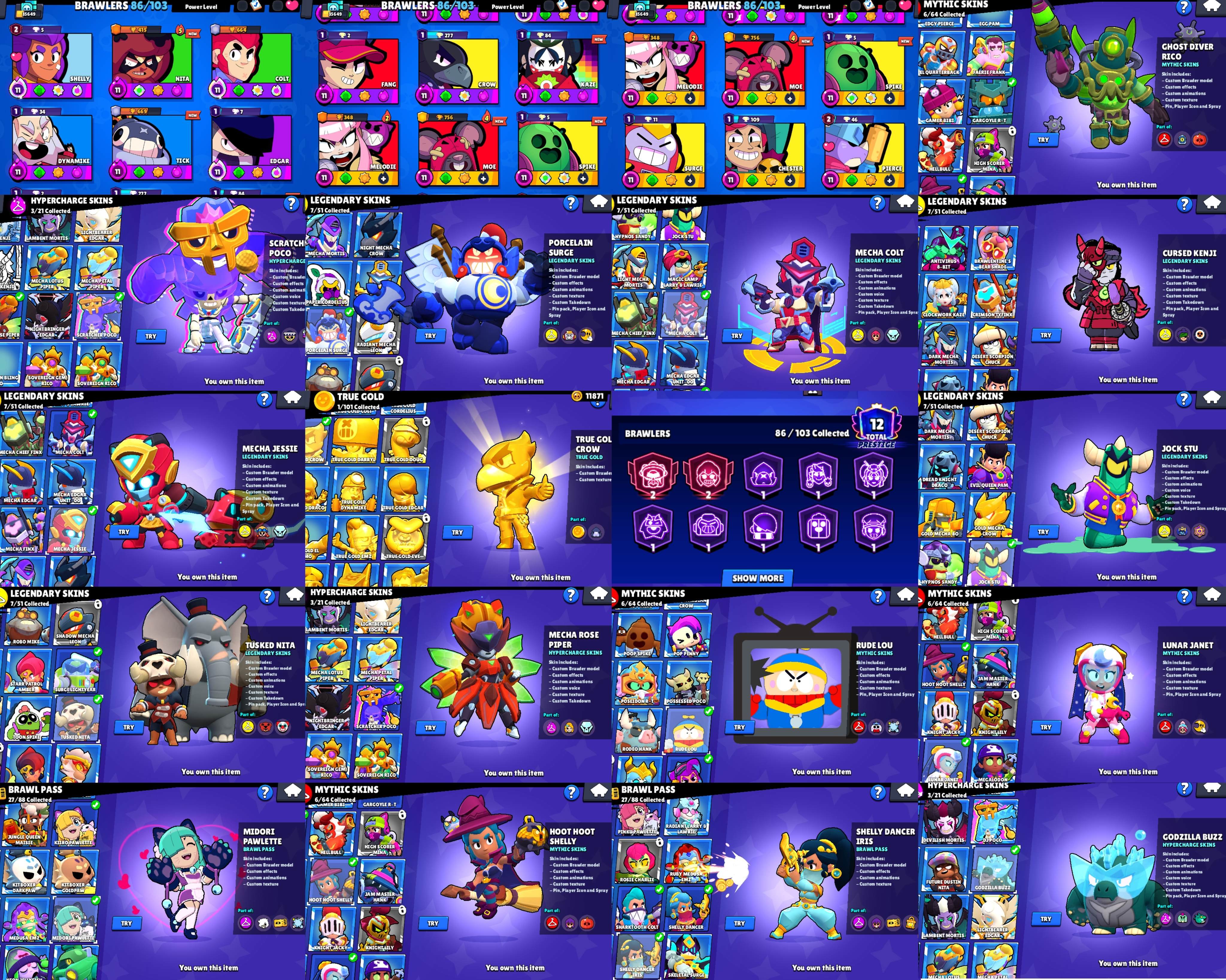 mecha rose piper + gold crow + 2 lvl prestige + rude lou see screenshots very good acc, trophies 35640, brawlers 86, primes 12