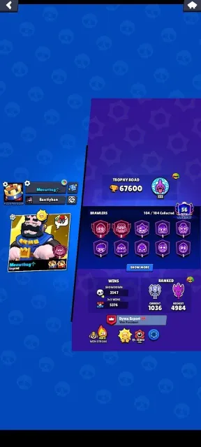 👑 2 KINGS FRANK • 45 LEGENDARY SKINS • 4 PRO PASS🎫 • EXCLUSIVE KING PIN FROM SS + MATCHERINO MANDY 💎, 67600 trophies, 104 brawlers, 56 primes