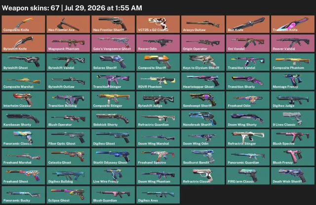 67 Skins | Neo Frontier Axe | Neo Frontier Sheriff | Reaver Vandal | Origin Operator, Sale, Ranked unlocked, Agents: 24, Skins: 67