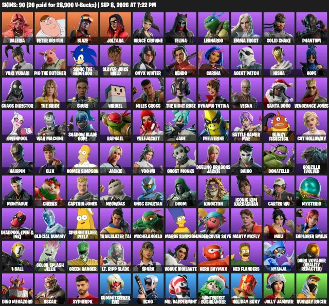 👑 💖Inventaire de 41.500 V-Bucks💎90 SKINS🎈Joltara🎈Peter Griffin🎈Leonardo🎈Slayer Juice WRLD💖👑, Vente, skins 95