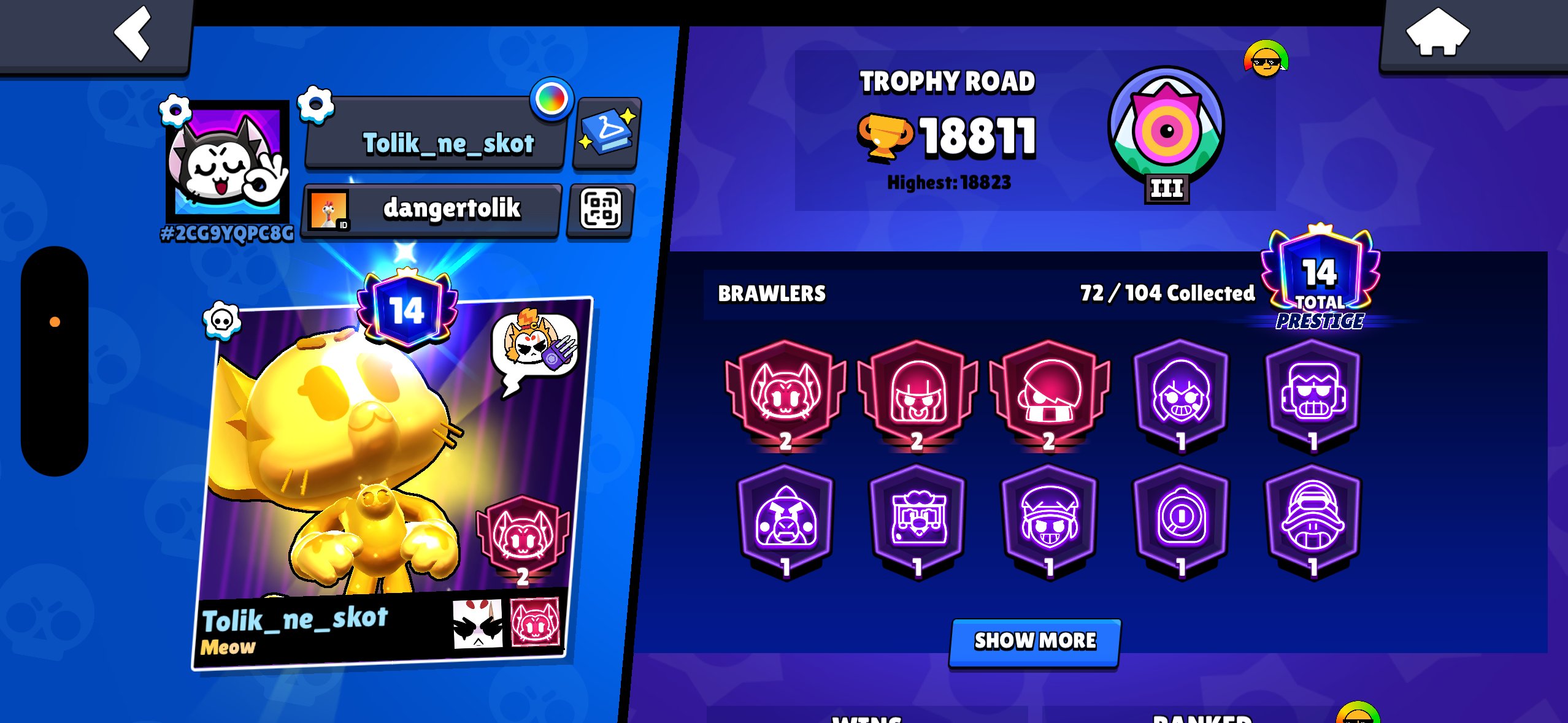 Donate accaunt Brawl Stars BS, trophies 18811, brawlers 72, primes 14