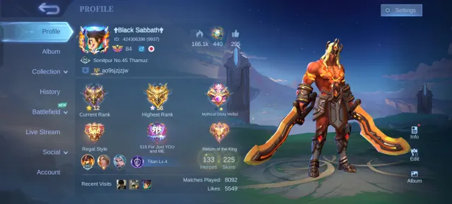 Kungfu Thamuz Kai, MSC Valentina, Poisonous Esmeralda, Max Heroes, Max Emblems, Global 🔥, Sale, Rank: Mythic, Level: 114, Win Rate: 48%, Heroes: 133, Skins: 225