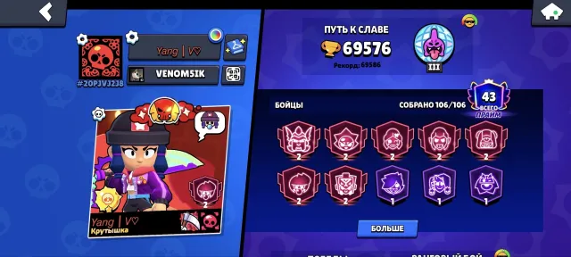 account since 2020, 7 second primes, has old skins and a bunch of items, 69576 trophies, 106 brawlers, 43 primes