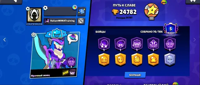 🏆 24782 Trophies 🏆👤 70 Brawlers👤💎Skins~6-7K💎🏅Many skins🏅Account for foundation🏅💎100 GEMS💎, 24782 trophies, 70 brawlers, 5 primes