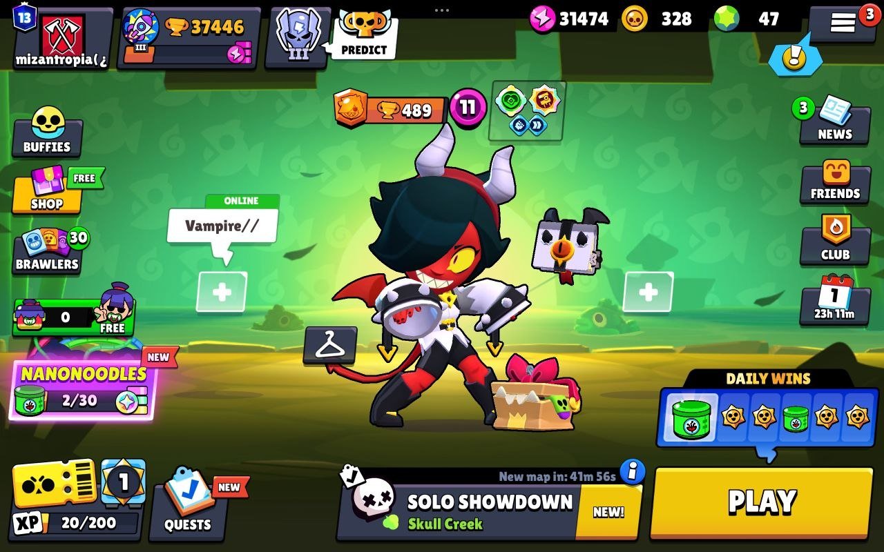 Top-tier account suitable as a main, 37k trophies, 34 Brawlers at Power Level 11, lots of skins., trophies 37446, brawlers 102, primes 13