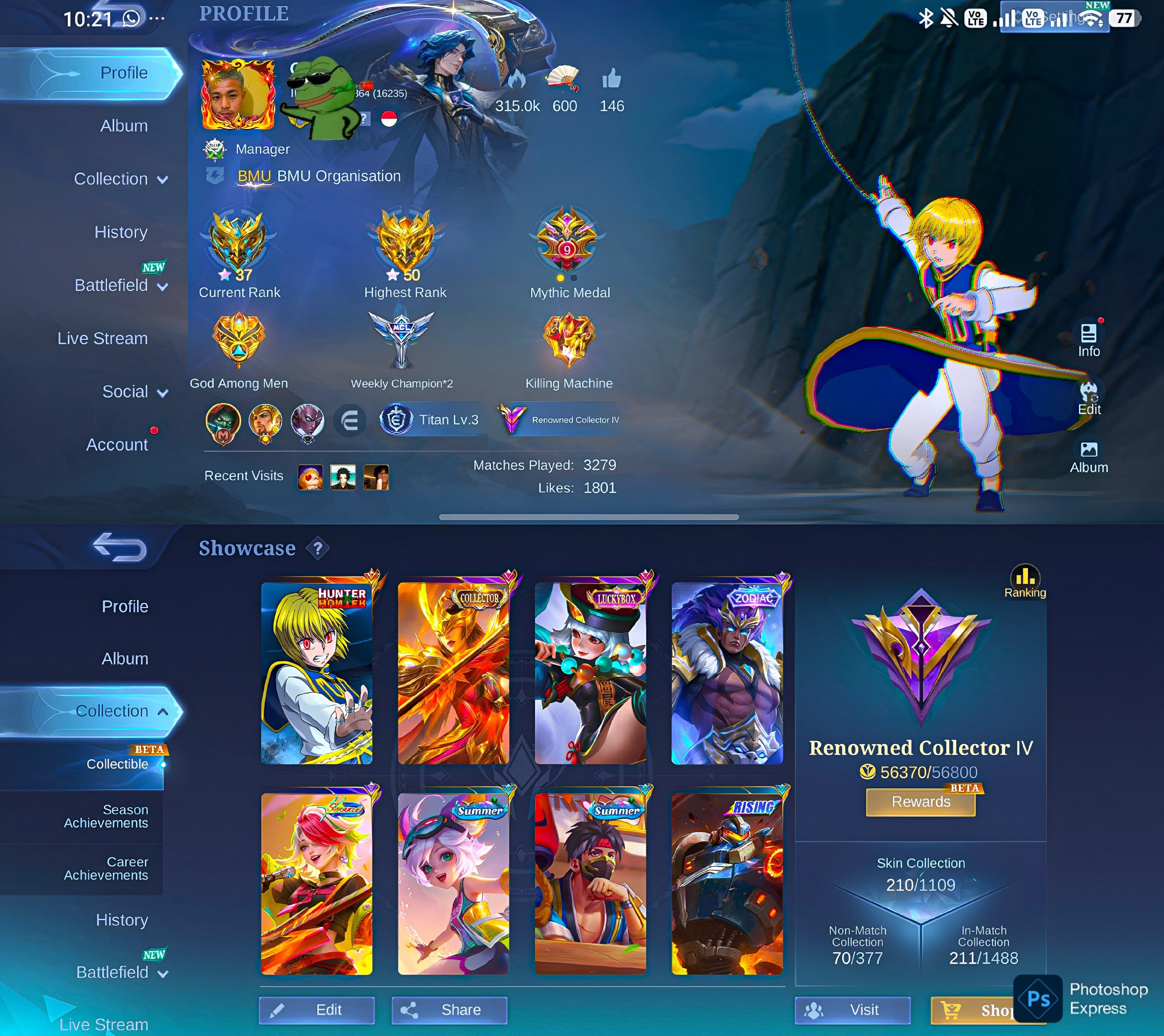 🕷️ Julian Hunter x Hunter 🦾 Pharsa Collector ✨ Melissa Sparkle ♈ Badang Zodiac 🎰 Ruby Lucky Box, Sale, Rank: Mythical Immortal, Level: 53, Winrate: 60%, Heroes: 90, Skins: 210