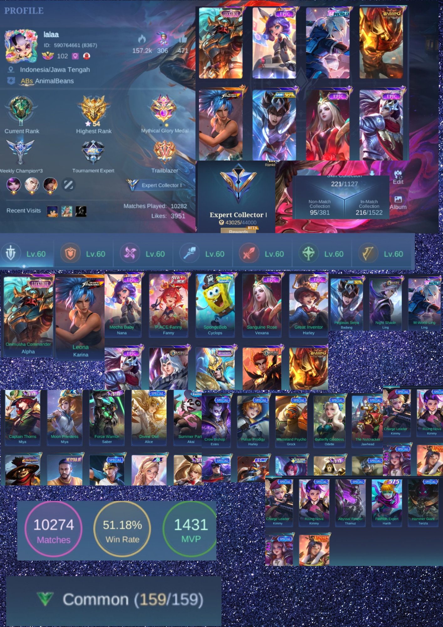 [SEA/GLOBAL] Ex-Glory 54⭐| 221 Skins | Alpha Lucky Box, KOF Karina | Emblem Max, Sale, Rank: Epic, Level: 102, Winrate: 51%, Heroes: 128, Skins: 221