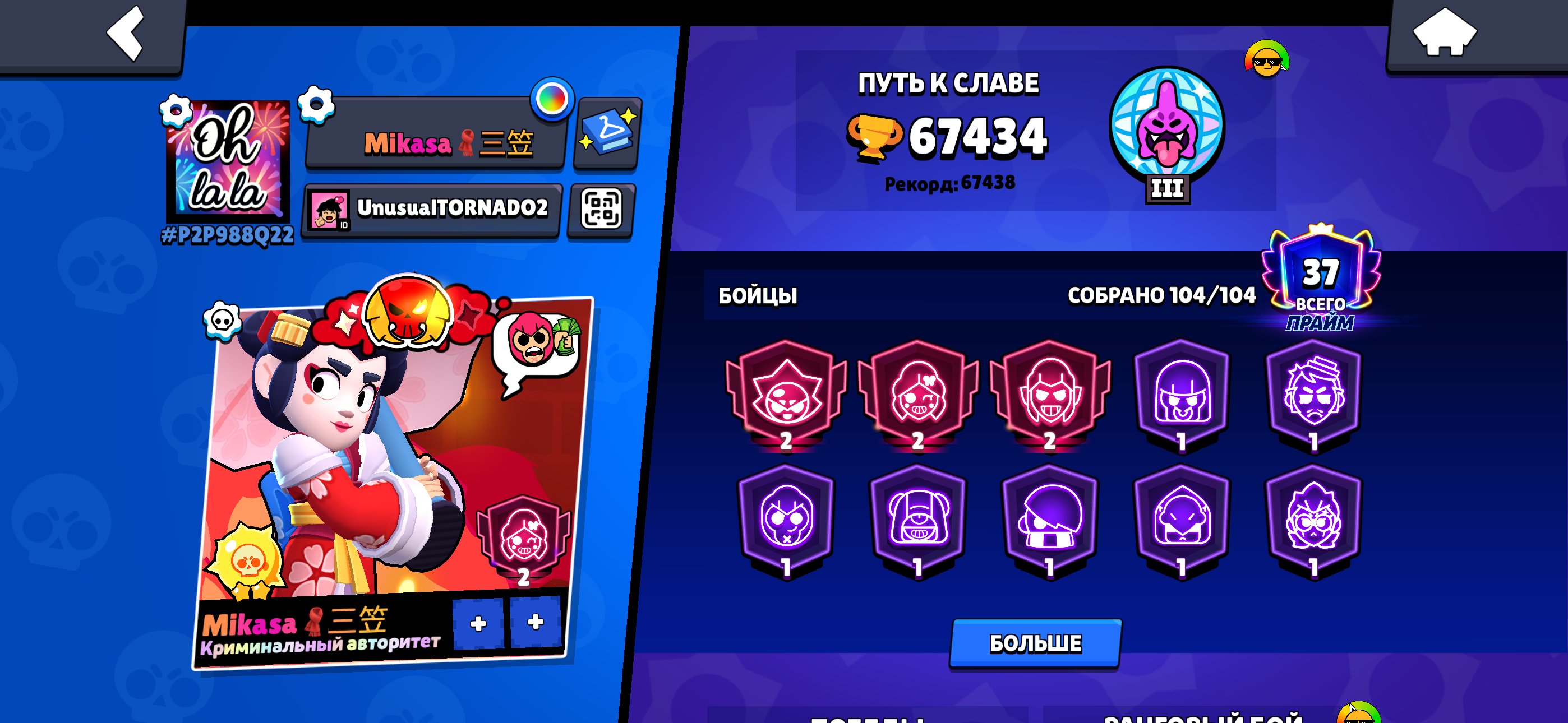 Nothing fit in the photos, trophies 67434, brawlers 104, primes 37