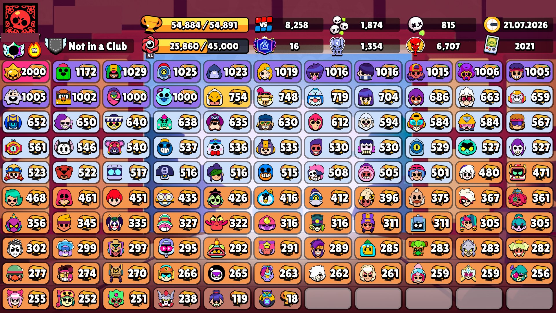 54.8k🏆 | 105/105 BRAWLERS | NORI UNLOCKED! | 50 HYPERCHARGES | LEGEND 1 + FREE 8k🏆 TWINK!, trophies 54884, brawlers 105, primes 16