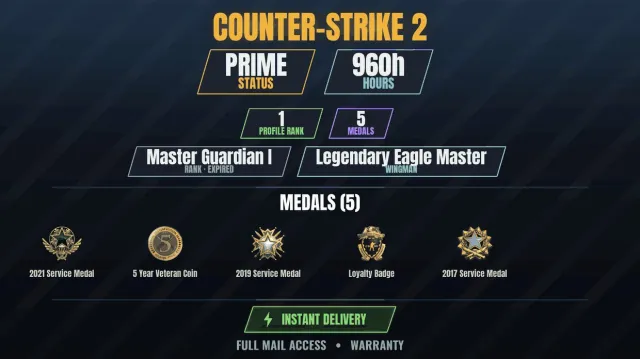 【CS2 Prime🎯960h👑5 medals】 Service Medal 2017, Service Medal 2019, Service Medal, Sale, Inventory empty, Has PRIME