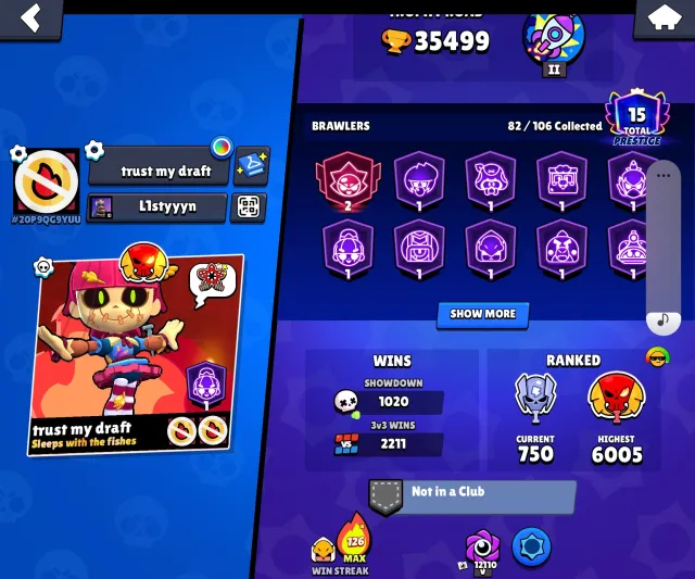 Fat account--82 brawlers, 15 primes, legendary league, 35499 trophies, 82 brawlers, 15 primes
