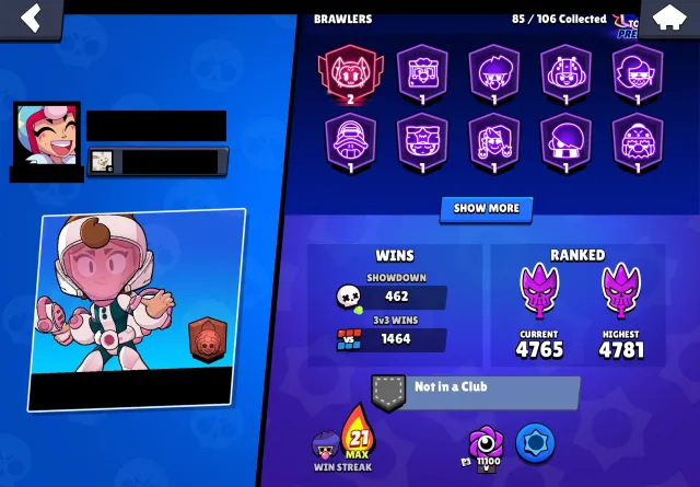 💚 RANKED ACCOUNT 💚 21 - 11 POWER 💚 500 GEMS 💚, 19473 trophies, 85 brawlers, 13 primes