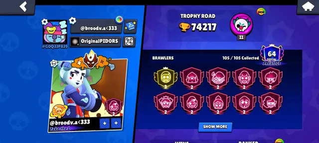 An account with Double Master and 3 Prime, trophies 74000, brawlers 105, primes 64