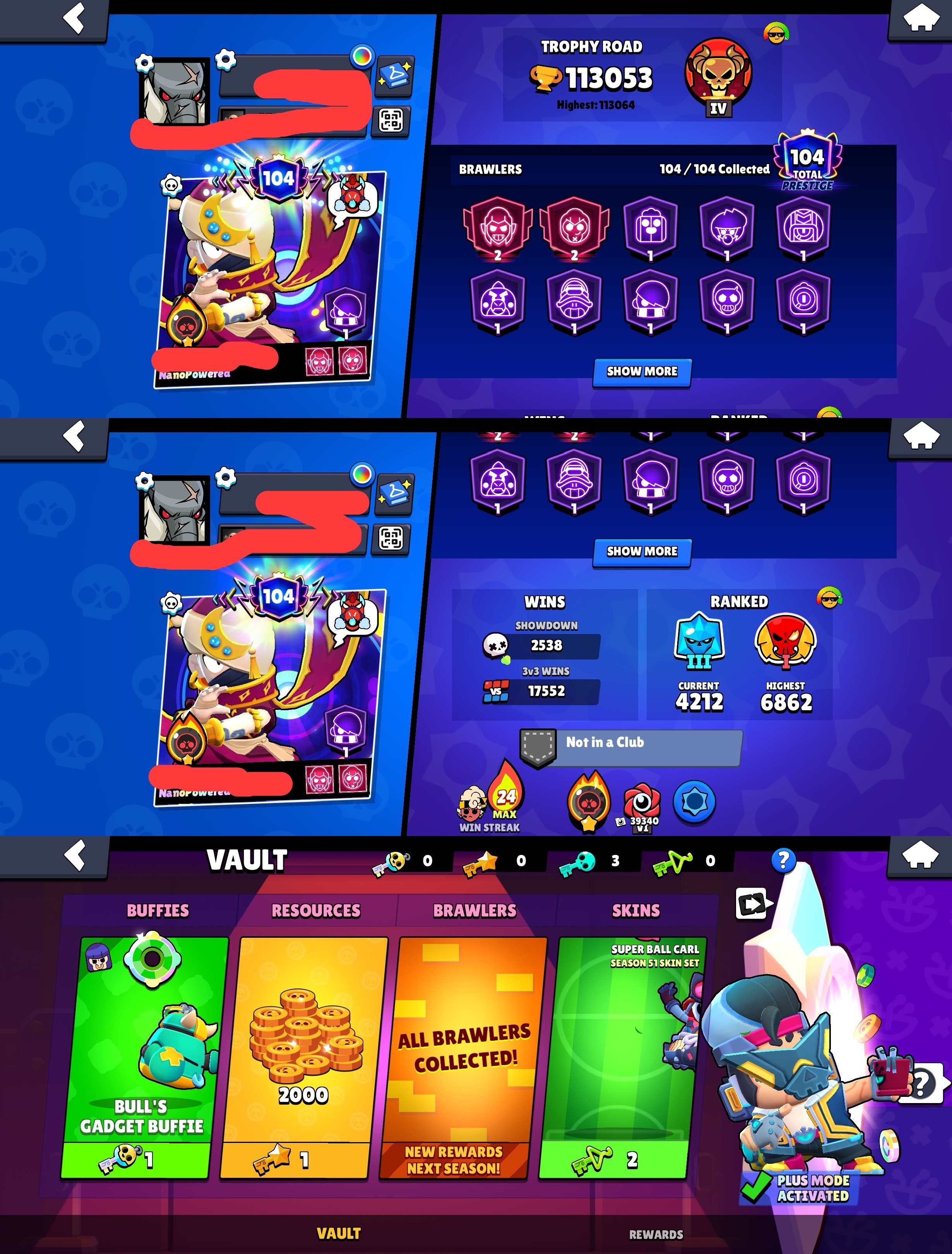 🏆𝟭𝟭𝟯𝐊🏆【METEORITE GLORY🔮🎫6 BP+, 1 PRO PASS🎫】👤1O4/1О4👤𝟰𝟯𝟬 SKINS~46k💎❰𝟴𝟴 11-x POWER❱📹VIDEO REVIEW📹, trophies 113, brawlers 104, primes 104