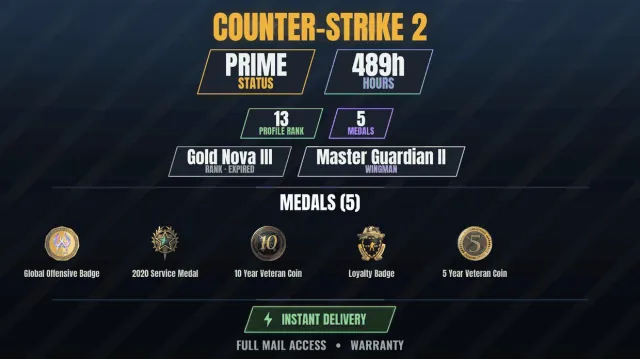 CS2 Prime🎮489h💠5 medals Veteran Coin 10 years, Service Medal 2020, Loyalty Badge, Coin, Sale, With inventory, Has PRIME