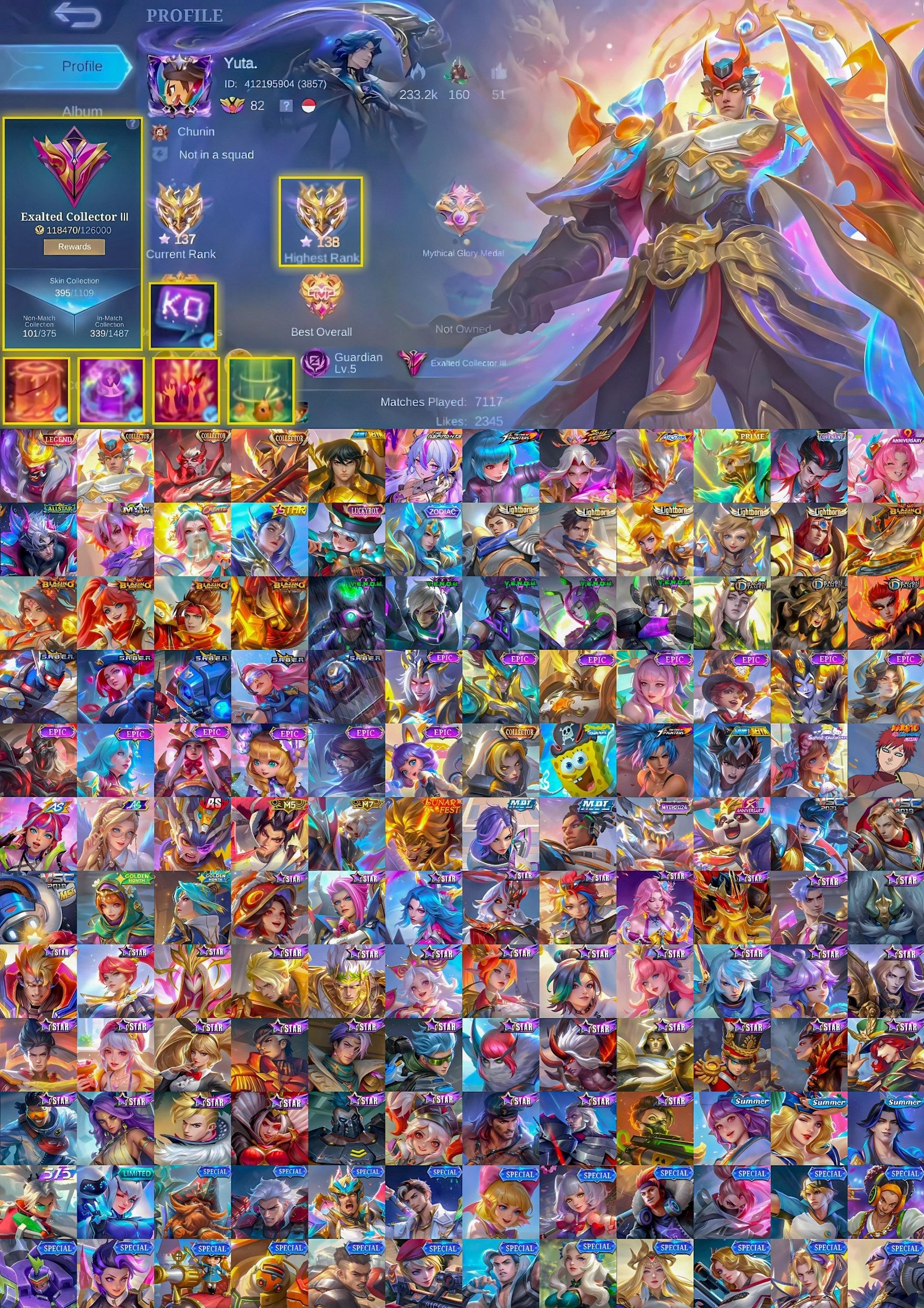 🔥 Legendary Franco, Collector Tigrill Chong Fasha, Aspirant Vexana, Kof Aurora, Vessel Hanabi, Sale, Rank: Mythical Immortal, Level: 82, Winrate: 51%, Heroes: 132, Skins: 395