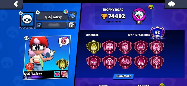 74k / 3 prime / 44 brawlers at 11 power / account link, 74492 trophies, 107 brawlers, 62 primes