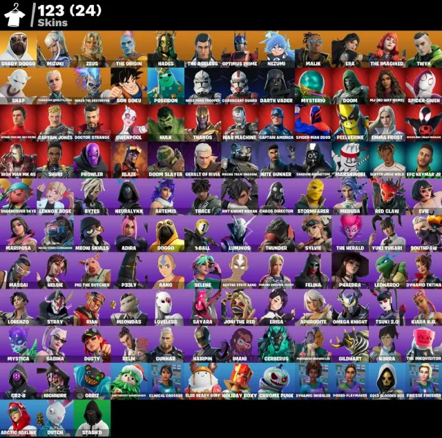 👕 123 скинов 🎮 2196 Уровень 💰 300 V-bucks 💰 Shady Doggo | Mizuki | Zeus | The Origin | Hades | The, Продажа, скины 123