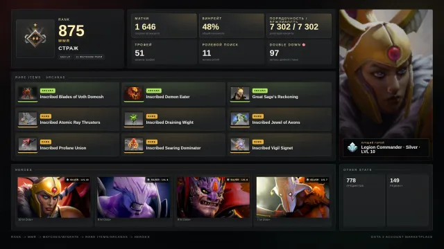 ✨Wächter 1 ≈ 875 MMR✅7302 Anstand✅✨LC/SF/MK Arcana✨Tiers✨Sets✨⚔️51 Trophäe⚔️🎯97 Doppelte🎯11 TOKEN, Verkauf, 875 MMR, 7302 Anstand, 7302 Höflichkeit, 1646 Spiele, 1718 Stunden