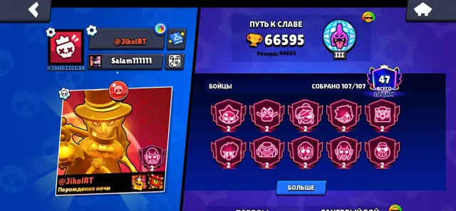 Account 24 years!!!, 66590 trophies, 107 brawlers, 47 primes