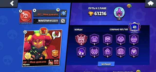 Selling a decent account in Brawl Stars, linked to your email., 61126 trophies, 106 brawlers, 41 primes