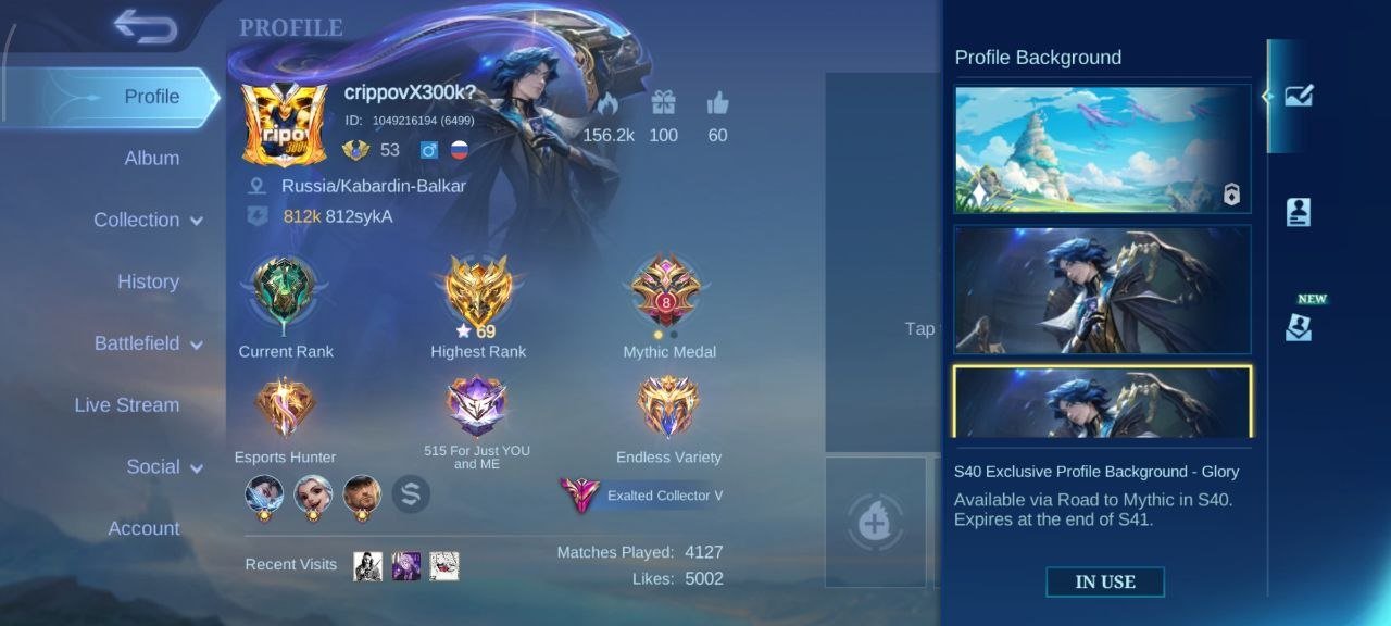 HxH DJulian✨|HxH Killua✨|11.11Hayabusa⚡|11.11Gossen⚡|KOF Aurora❄️|PRIME Granger✨Beatrice✨, Sale, Rank: Epic, Level: 53, Winrate: 52%, Heroes: 122, Skins: 287