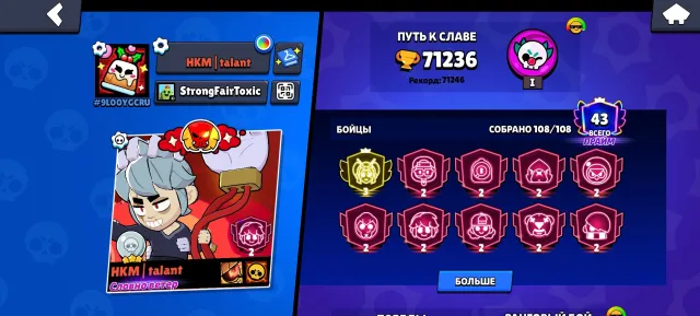 Good old account from 2019, no extra protection, has a skin pack Hero Academy, 71236 trophies, 107 brawlers, 43 primes