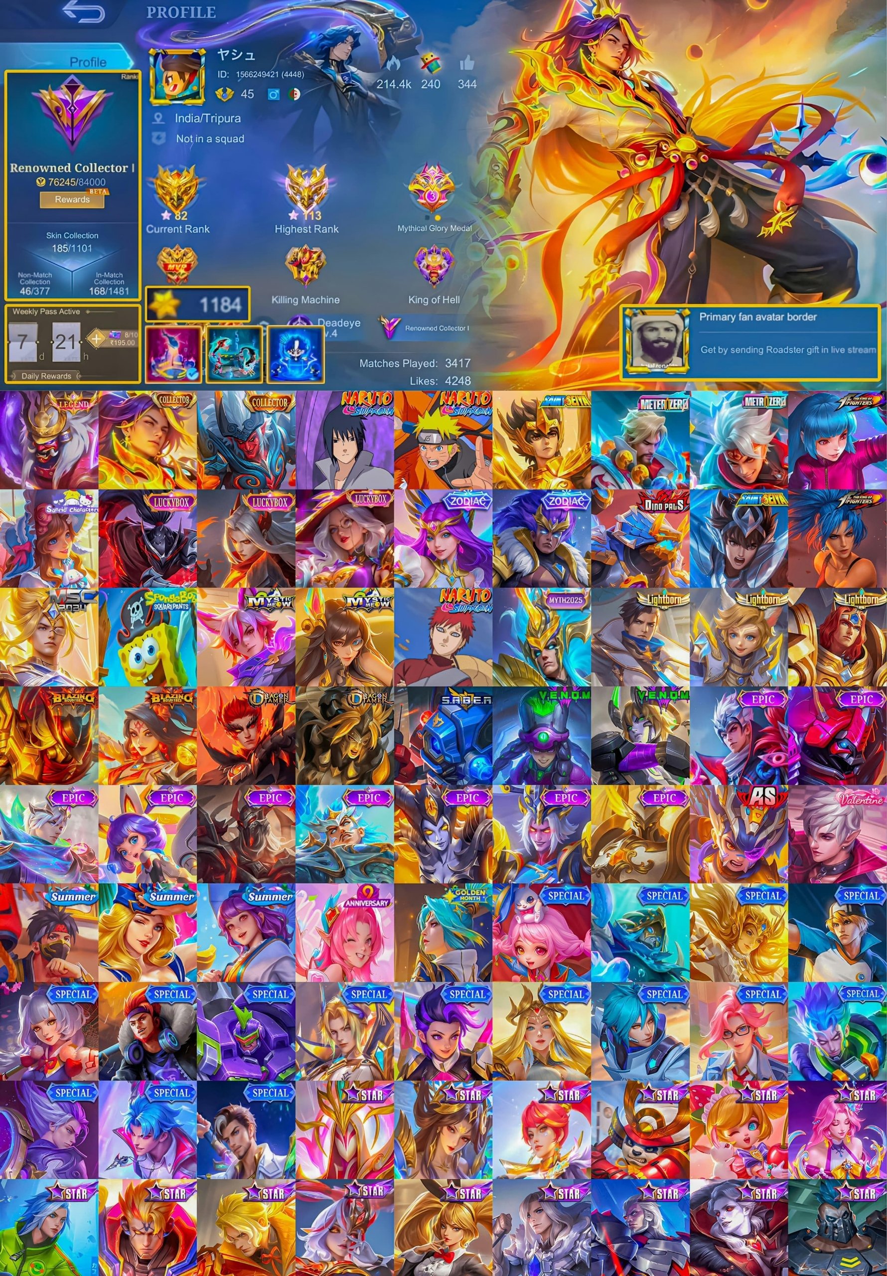 🔥 Legendary Franco, Collector Arlot Khufra, Naruto Lucas Sue, Metrozero Xborg, Sale, Rank: Mythical Immortal, Level: 45, Winrate: 54%, Heroes: 70, Skins: 185